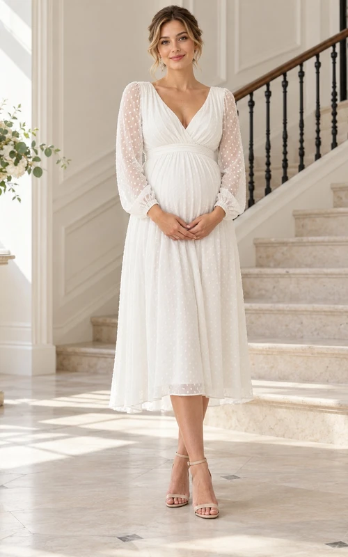 Robe de maternité mi-longue blanche en mousseline à manches longues transparentes et col en V, style fin d'études