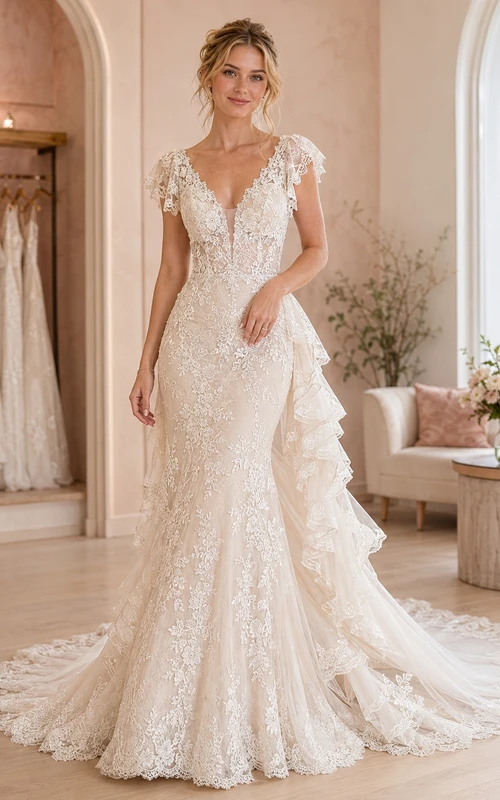 A-Linien-Brautkleid mit Spitze, Rüschen und Schleppe (formell)