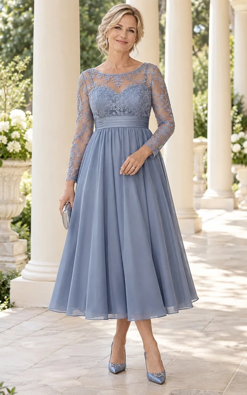 Staubblaues Mutter-der-Braut-Kleid im Empire-Stil, A-Linie, Teelänge, Chiffon, Spitzenärmel