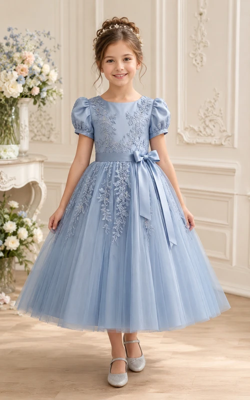 Schieferblaues, teelanges A-Linien-Blumenmädchenkleid aus Spitze mit Applikationen, floralen Details und Schleifenschärpe.
