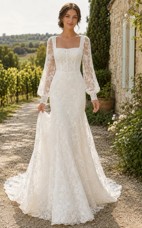 Robe de mariée bohème style champêtre à col carré, manches longues en dentelle illusion et traîne chapelle