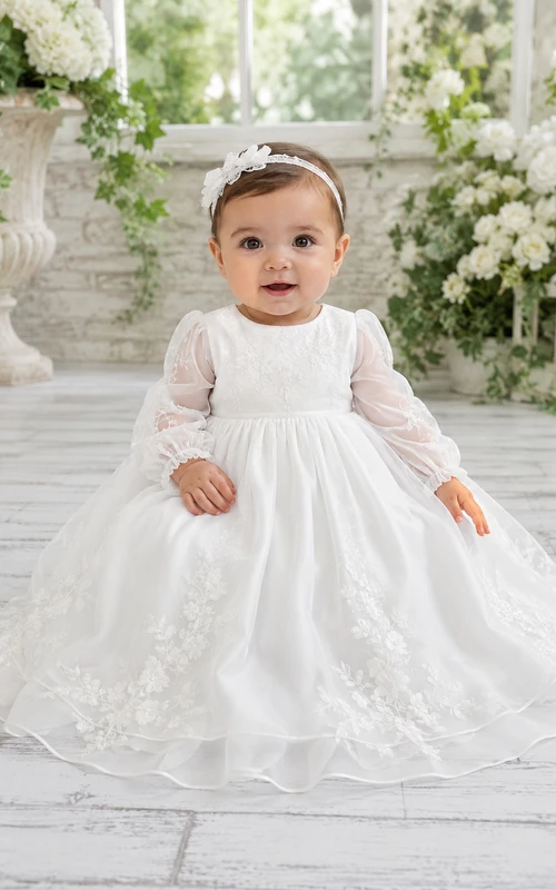 Modest Baby Baptism Christening Ceremony Gown A-Line Floor-Length Jewel Neck Long Sleeve Tulle Bow Back Button Back