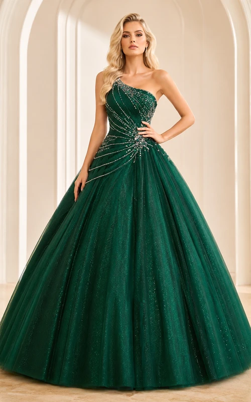 Dark Green Luxury One Shoulder Crystal Draped Glitter Sweet Sixteen Princess Ball Gown