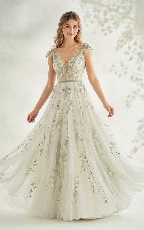 Vestido de novia bohemio de corte A con cola larga, escote en V y mangas cortas, en tul floral color celadón.