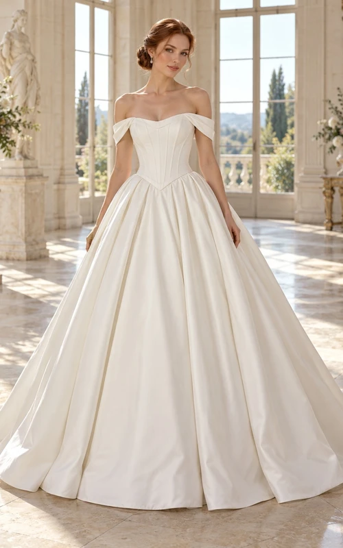 Vestido de novia sencillo, estructurado, con pliegues, hombros descubiertos, manga corta y lazo, confeccionado en satén de algodón, corte en A y largo hasta el suelo.