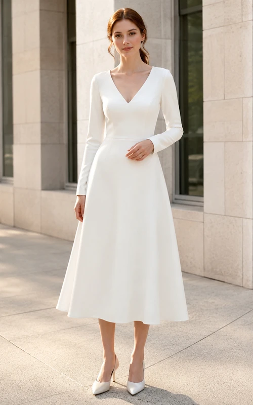 Vestido de novia asequible de corte A con escote en V y mangas largas estilo juzgado