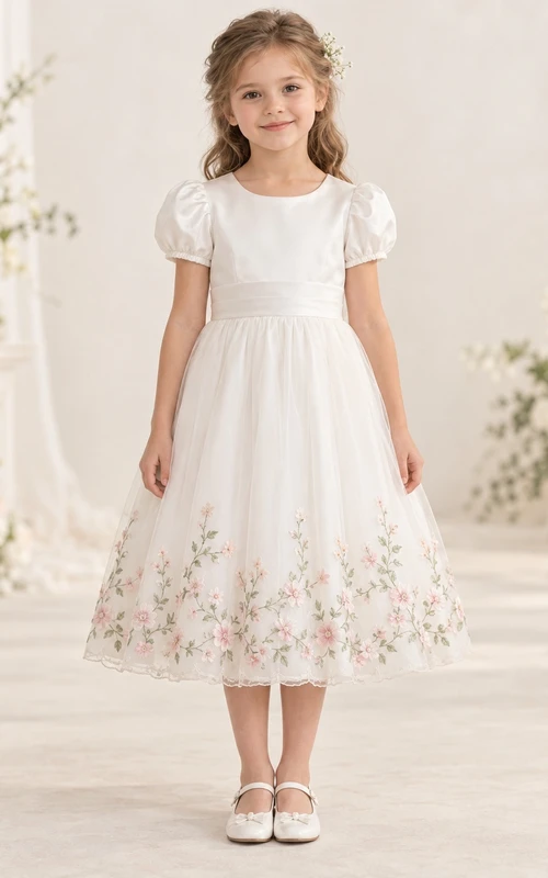Vestido de niña de flores color marfil, corte en A, manga abullonada, dobladillo bordado con motivos botánicos y lazo en la espalda.
