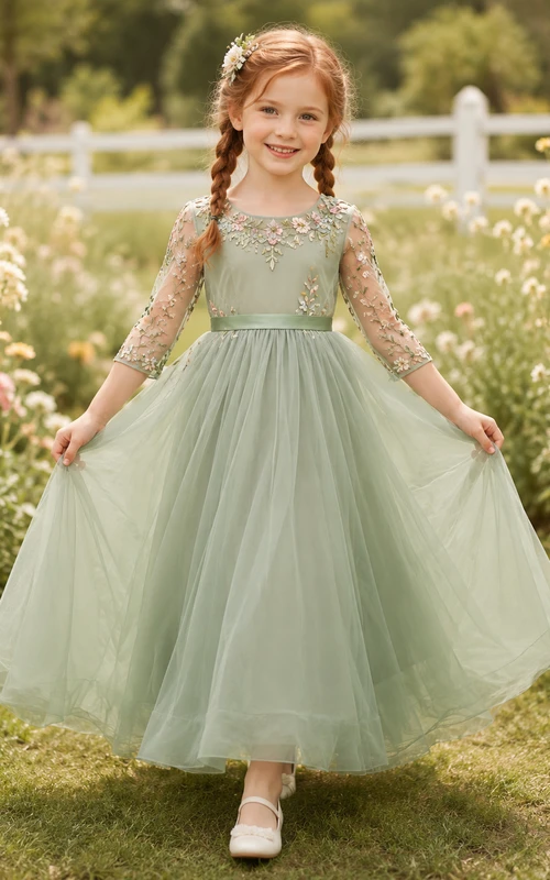 Sage Floral Lace Flower Girl Gown with Long Illusion Sleeves, Tulle A-Line Skirt, Appliqued Bodice, and Formal Finish