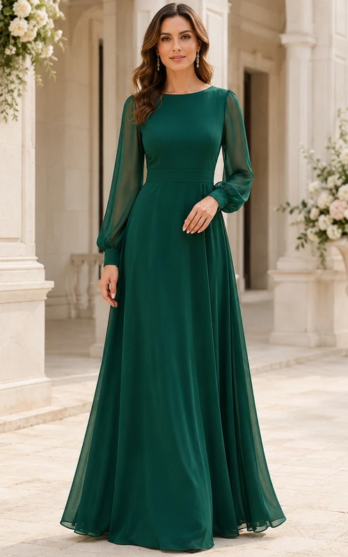 Vestido largo formal de invitada de color verde oscuro con cuello alto y mangas transparentes