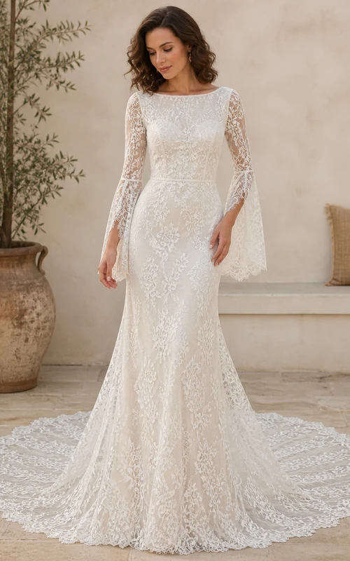 Vestido de novia bohemio de sirena con escote barco y mangas largas, largo hasta el suelo, con volantes festoneados.