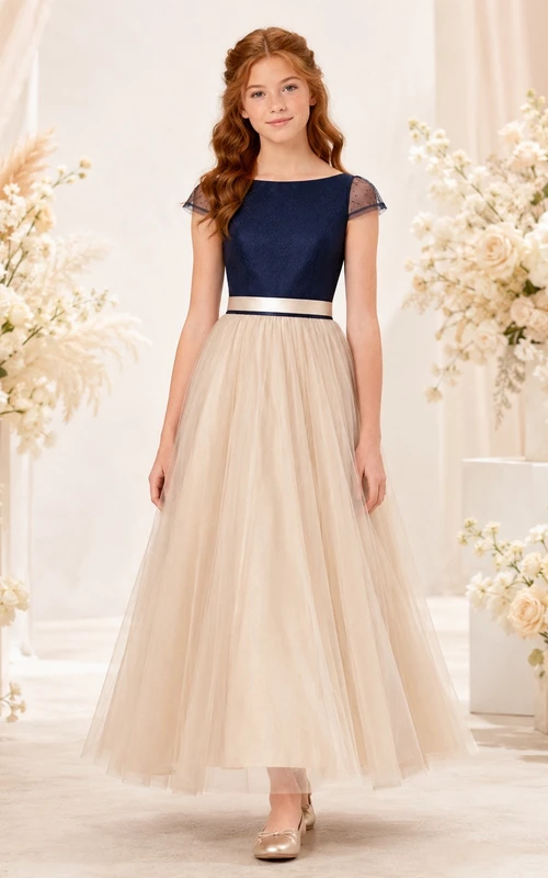 Dunkelblaues Brautjungfernkleid für junge Damen, A-Linie, eckig, kurze Illusionsärmel, Tüllschärpe/Band, elegant