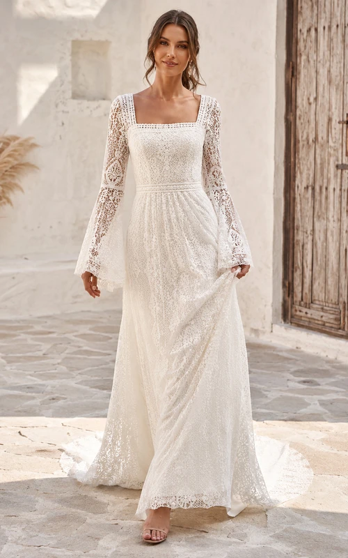 Boho Square Neck Long Bell Sleeve Geometric Crochet Lace Sheath Wedding Dress