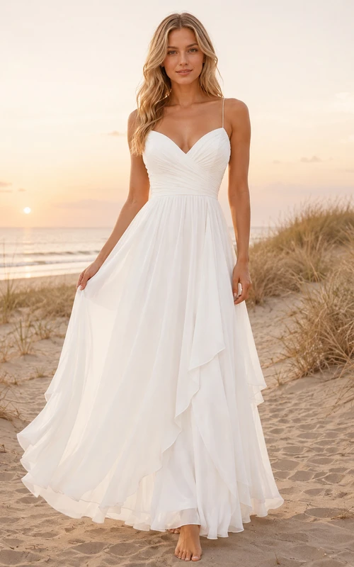 Robe de mariée bohème à bretelles spaghetti, décolleté en V plongeant, en mousseline plissée, coupe trapèze, idéale pour la plage