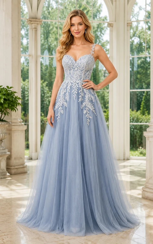 Slate Blue Spaghetti Strap Tulle A-Line Formal Dress with White Lace Applique for Prom