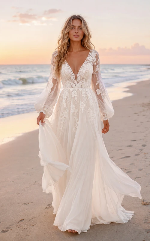 Boho Sheer Sleeve Beach V Neck Bridal Gown
