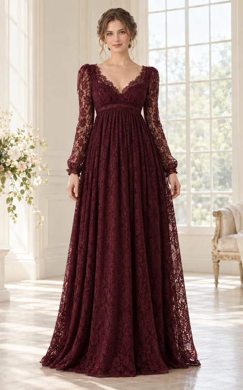 Robe de soirée Regency bordeaux à manches longues et col en V, coupe empire, en dentelle florale