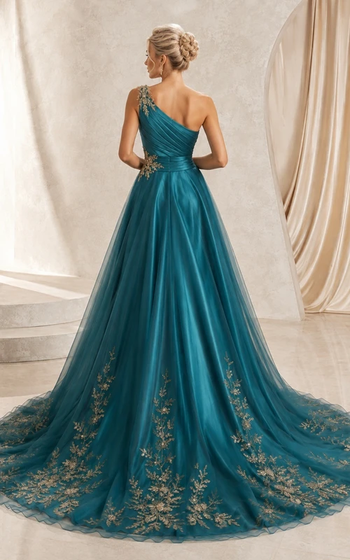 Goldbesticktes, dunkelgrünes Ballkleid aus Satin mit Puffärmeln und Puffärmeln – Luxus-Hochzeitskleid