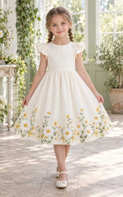 Schlichtes, schlichtes elfenbeinfarbenes, teelanges Blumenmädchenkleid mit weiten, flatternden Ärmeln, dichtem Gänseblümchenmuster und A-Linien-Schnitt.