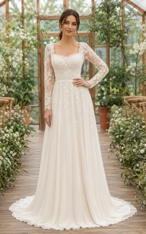 Affordable Boho Scoop Neck Lace Sleeve Garden Bridal Gown