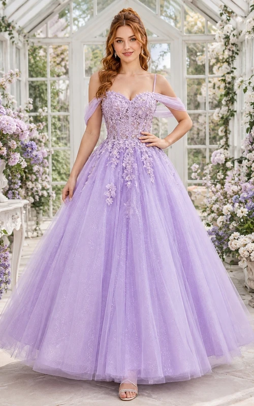 Lavender Lace Tulle Sweetheart Off-the-shoulder Ball Gown Petal Sleeve Floral Princess Dress