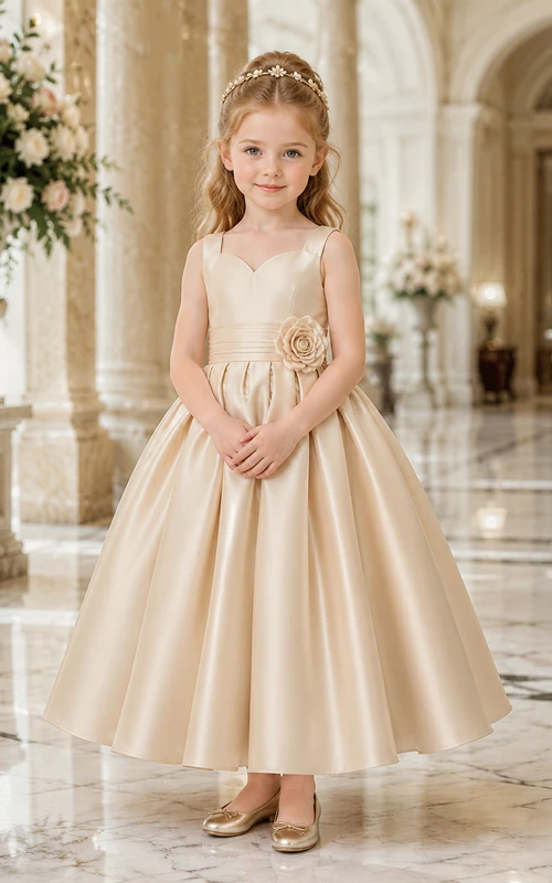 Blumenmädchenkleid aus elfenbeinfarbenem Satin, A-Linie, Rundhalsausschnitt, Teelänge, Schleifendetail