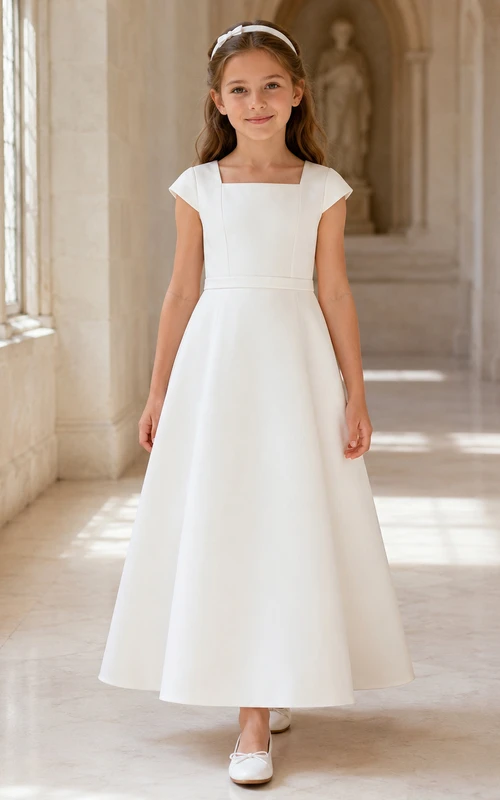 Vestido formal de satén de manga corta hasta el tobillo para niña de las flores en la comunión