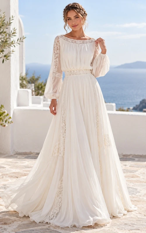 Boho Bateau Long Sleeve Lace Chiffon A-line Train Wedding Dress