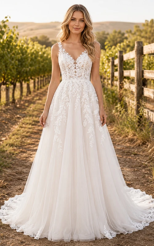 Robe de mariée champêtre en tulle et dentelle, coupe trapèze, épaules dénudées, manches longues, traîne chapelle, dos corset lacé fendu