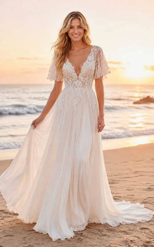 Boho Flutter Sleeve A-Line Beach Wedding Dress