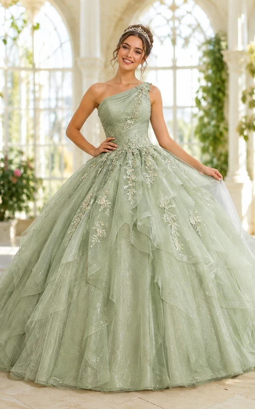 Salbeigrünes, ärmelloses Ballkleid aus Tüll mit einer Schulter, bodenlang, appliziert, für Quinceañeras
