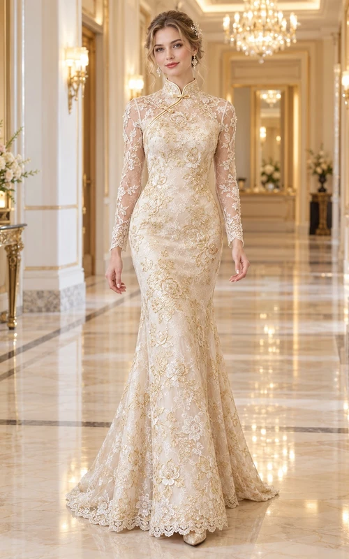 Modest High Neck Long Sleeve Champagne Floral Lace Wedding Cheongsam