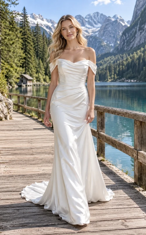 Vestido de novia sencillo sin mangas, estilo sirena, de satén elástico fruncido con cola.
