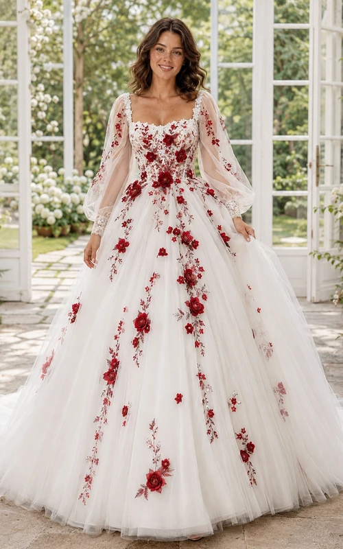Rotes, geblümtes Ballkleid aus Tüll, Brautkleid mit V-Ausschnitt, langen Ärmeln und Kathedralenschleppe