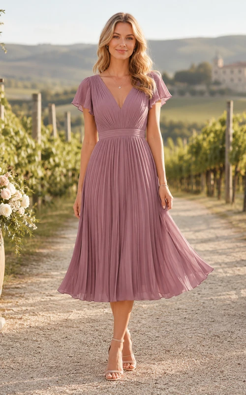 Vintage Mauve V Neck Flutter Pleated Chiffon Guest Dress