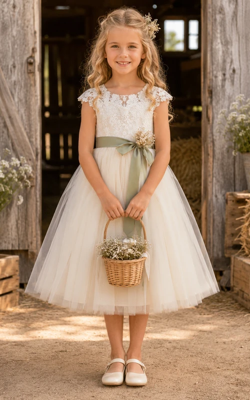 Boho-Kleid in Teelänge, A-Linie, Landhausstil, Blumenmädchenkleid aus Spitze und Tüll in Salbeigrün mit Schärpe, kurzen Ärmeln und Rundhalsausschnitt