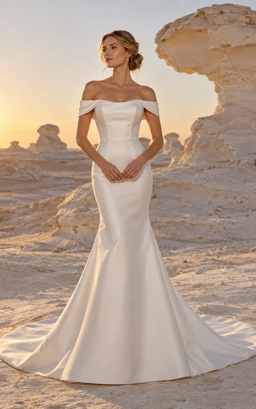 Vestido de novia sencillo de sirena con escote Bardot, satén, cintura ajustada, cadera lisa y cola.