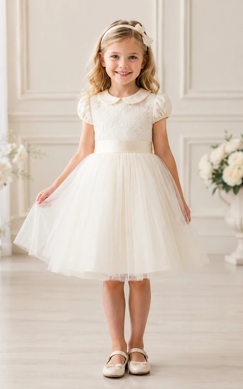 Elegante vestido de niña de flores estilo princesa vintage, largo hasta la rodilla, corte en A, tul, encaje, mangas cortas.