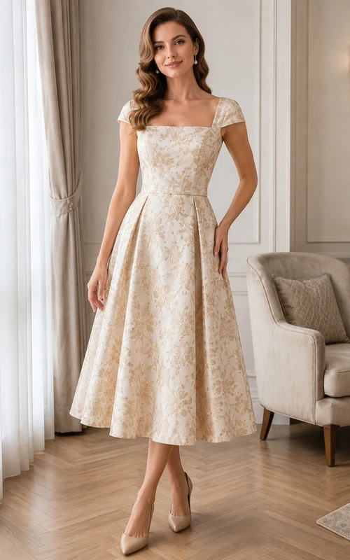 Vintage Cream Square Neck Cap Sleeve Floral Jacquard A-Line Tea-Length Elegant Reception Dress