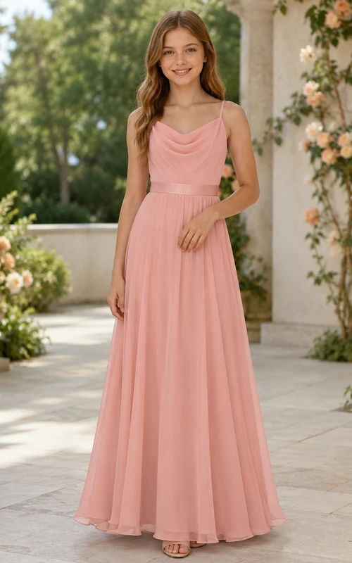 Korallenfarbenes, elegantes A-Linien-Brautjungfernkleid aus Chiffon mit Spaghettiträgern und Wasserfallausschnitt, ärmellos