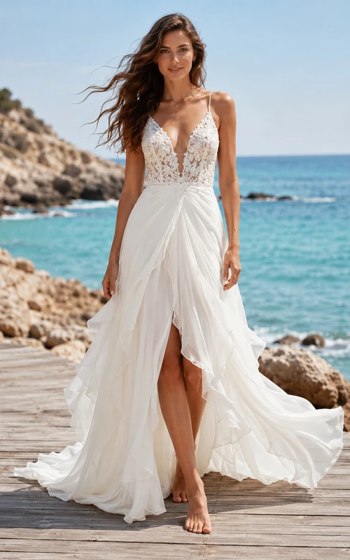 Spaghetti Strap Split Chiffon Beach A-Line Bridal Gown