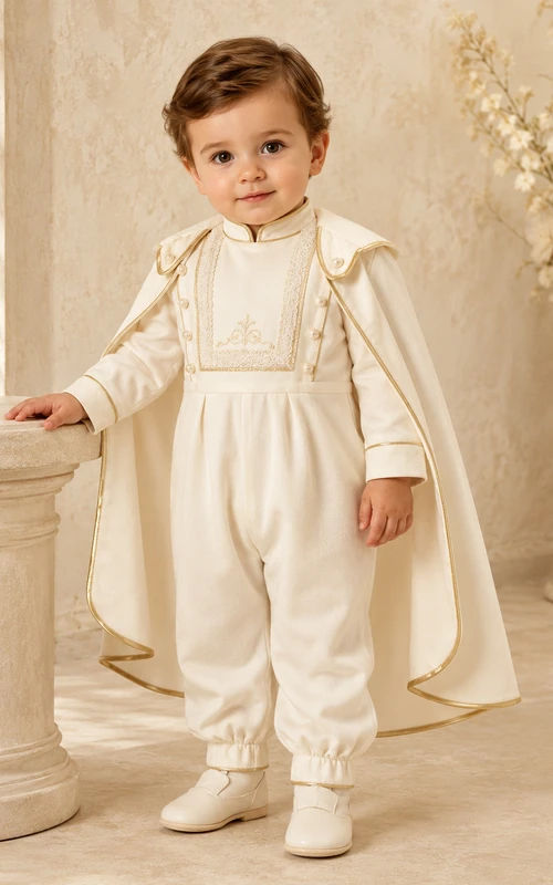 Classic Cream Long Sleeve High Neck Cape Baby Christening Jumpsuit