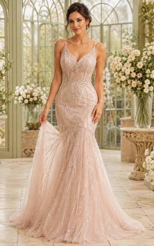Mermaid Spaghetti V Neck Tulle Sweep Train Luxury Formal Dress