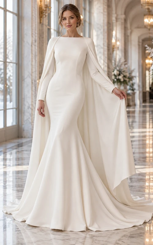 Simple Long Sleeve Winter Bateau Neck Flared Crepe Cape Wedding Dress