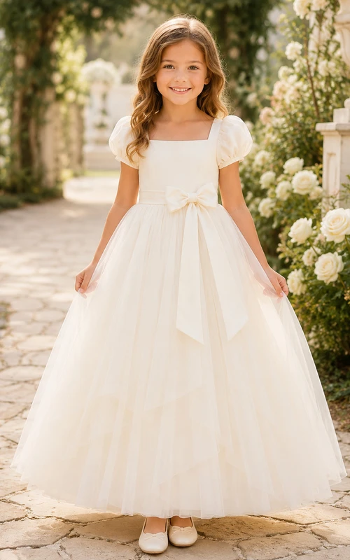 Bow Back Tulle A-Line Flower Girl Dress with Jewel Neck and Tea-Length Skirt