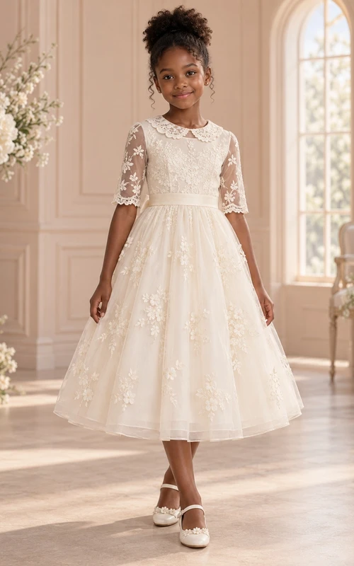Tea-length Vintage Cream A-line Floral Lace Collared Elbow-sleeve Flower Girl Dress