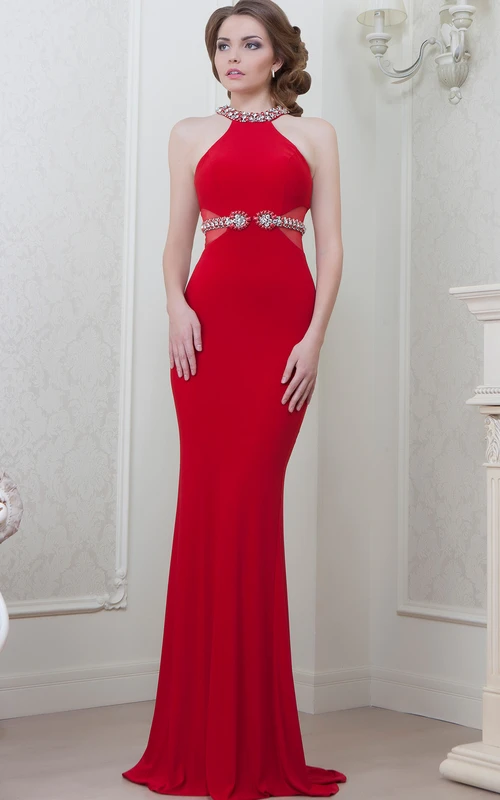 Vestido de noche de jersey ajustado, largo hasta el suelo, sin mangas, con escote redondo y detalles de cuentas.