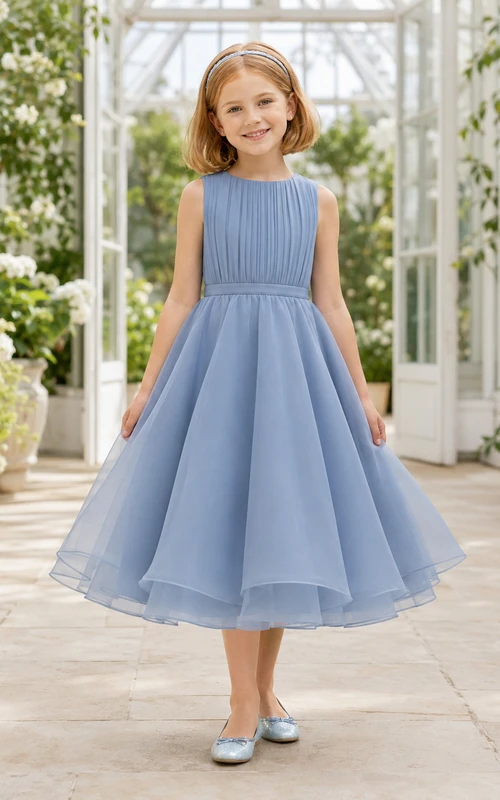 Blumenmädchenkleid, stahlblau, Chiffon, A-Linie, ärmellos, eckiger Ausschnitt, Teelänge
