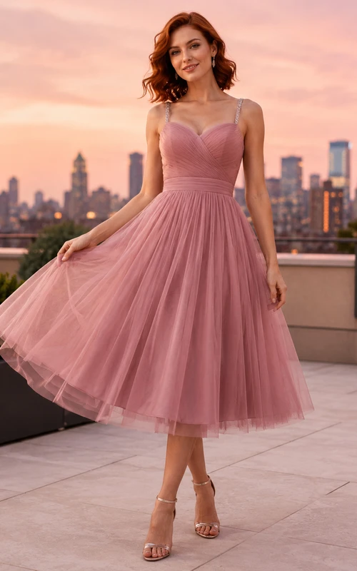 Dusty Rose Spaghetti Tulle A-Line Cocktail Dress