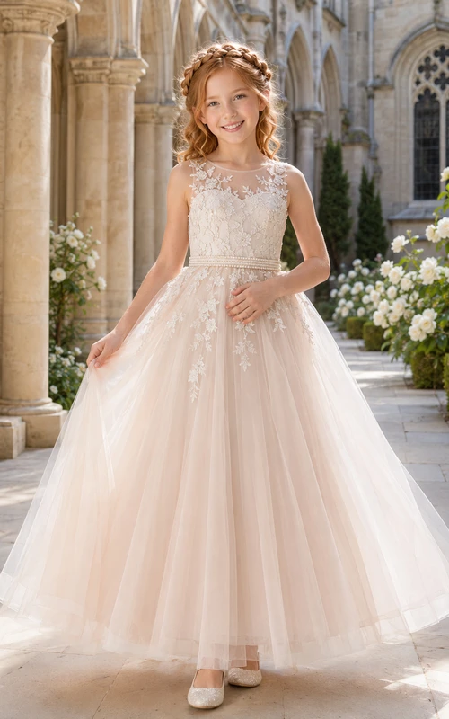 A-Line Cathedral Wedding Flower Girl Dress with Sleeveless Floral Lace Appliques, Tulle Skirt, Beaded Waist, Romantic Garden Style