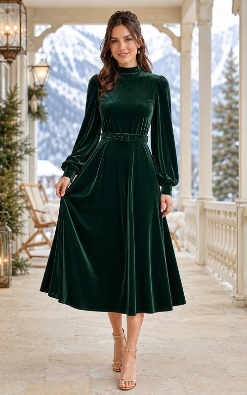 Dark Green High Neck Long Puff Sleeve Belted Velvet A Line Tea Guest Dress